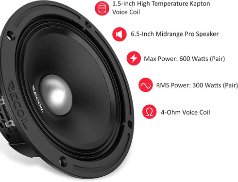 RECOIL MS65-4P 6.5-Inch Midrange Pro Audio Car Speakers, 600 Watts Max, 300 Watts RMS, Premium Quality Door Speakers