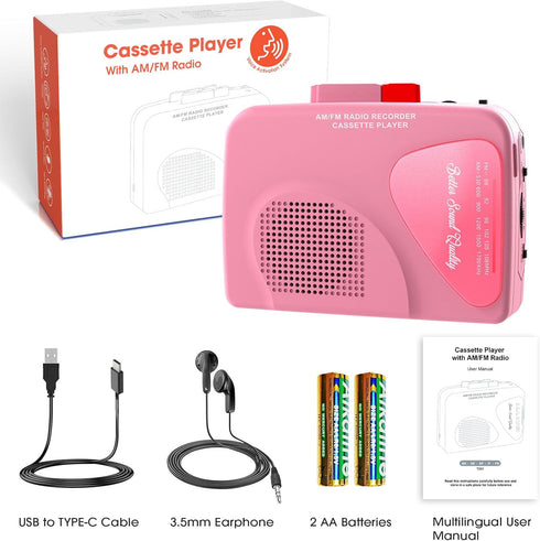 Walkman Cassette Player AM/FM Radio, Portable Tape Player with Built-in Speakers, Manual Record - Pink
