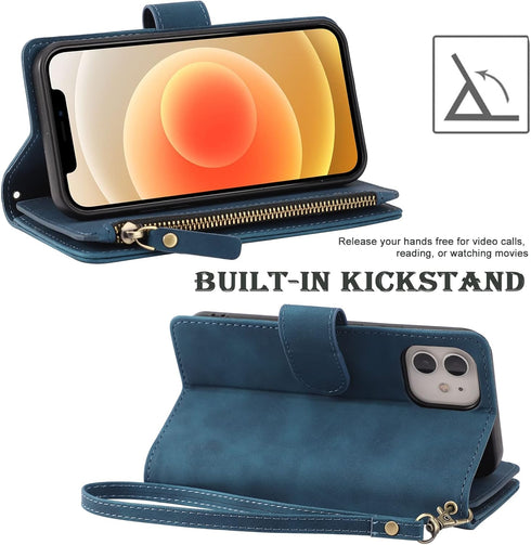 RANYOK Blue Wallet Case for iPhone 12/12 Pro (6.1 inch), Premium PU Leather Zipper Flip Folio with RFID Blocking