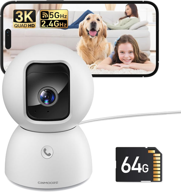 CINMOORE 5MP Camera for Home Security, Free 64GB SD Card, Non-Subscription AI Human/Pet/Facial