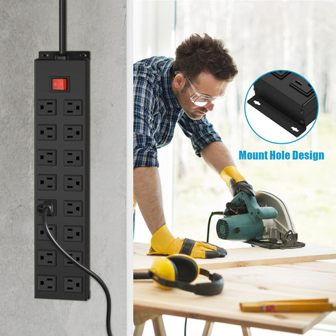 HHSOET Metal Power Strip 16 Outlet Mountable, Wall Mount Garage Workbench Socket with 6 FT Power Cord (Black)