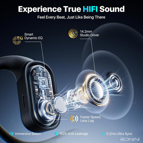 40H IPX5 5.3 Eonini Open-Ear Earbuds with Earhooks, LED Display Case, Lightweight & Secure Fit, All-Day Comfort