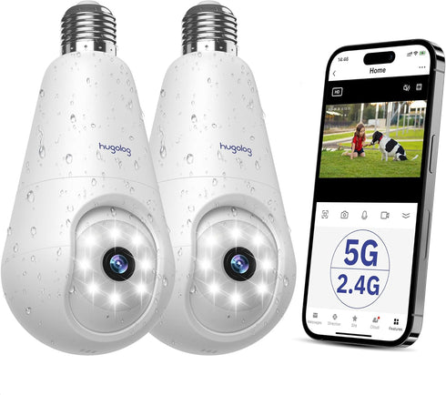 Hugolog 2K 3MP Light Bulb Security Camera, 360° Wireless Indoor Outdoor Camera with Motion Detection, Compatible with