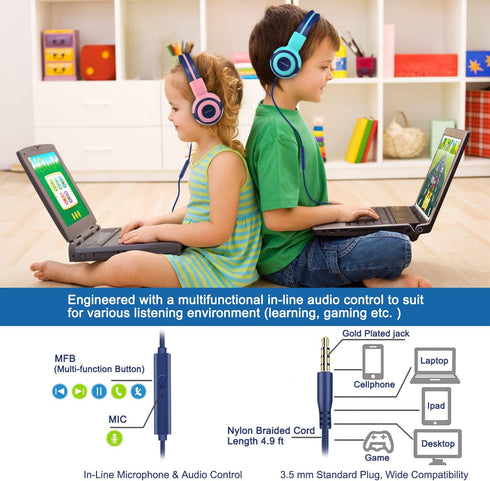 SIMOLIO Kids Headphones with 75dB, 85dB, 94dB Volume Limited & Share Jack, Durable On-Ear Headsets for Kids
