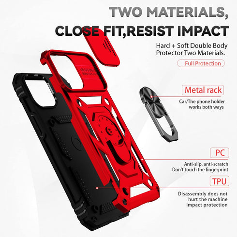 Hitaoyou Military Grade Shockproof Case for iPhone 13 - Heavy Duty Protective Case with Camera Cover & Kickstand - Red