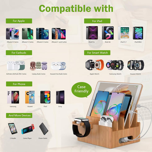 Pezin & Hulin Bamboo Charging Stand, Dock Organizer for Multi Devices with 5 Cables, No Power Charger Block