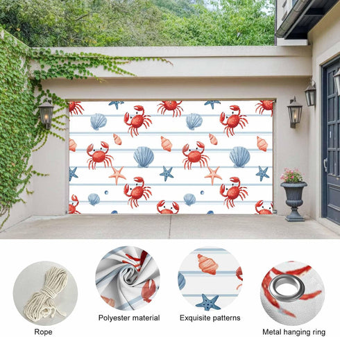 GNAKT AREWG 13x6ft Summer Garage Door Banner Cover Crab Starfish Shell Conch Garage Door Decoratons Banner for Indoor