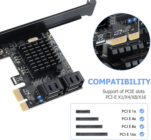 PCI-E X1 to SATA 3.0 Controller Card, 4-Port SATA III 6Gbps Expansion Cards, Supports PCI-Express (1X 4X 8X 16X) Slot,