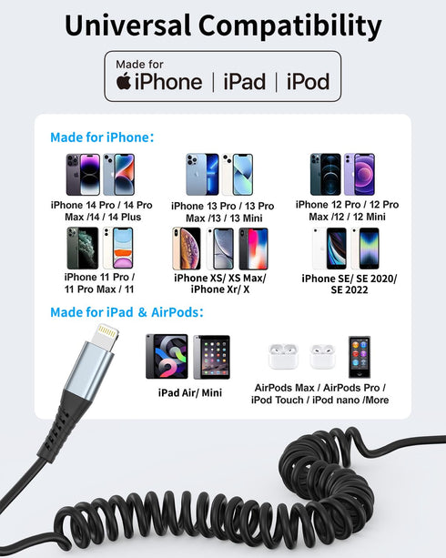 Coiled Lightning Cable, 2 Pack Coiled iPhone Charger Cable for Car Compatible with iPhone 14 13 12 11 Pro Max