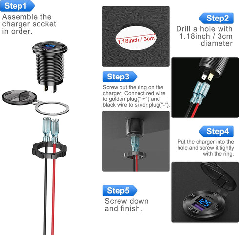 12V USB C Aluminum Car Charger Socket, PD 20W & Quick Charge 3.0 18W Waterproof USB Outlet for Marine Truck Motorcycle