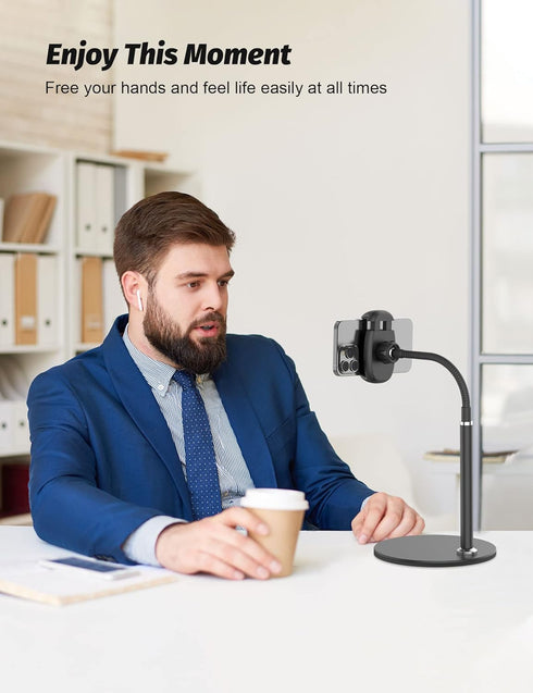 Adjustable Height & Angle Gooseneck Stand - Cell Phone Stand for Desk, Flexible Arm Universal Holder (Black)