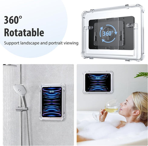 MoKo Waterproof Shower Tablet Holder, Wall Mount for iPad Up to 11", 360° Rotation with Touchable Anti-fog Screen, Clear