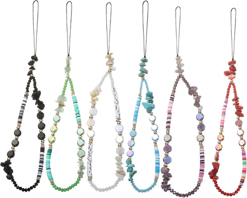 Taouzi 6PCS Beaded Phone Lanyard, Fruit Star Pearl Rainbow Color Phone Charm Strap for Women Girls