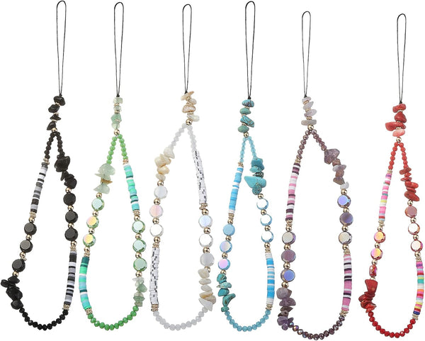 Taouzi 6PCS Beaded Phone Lanyard, Fruit Star Pearl Rainbow Color Phone Charm Strap for Women Girls