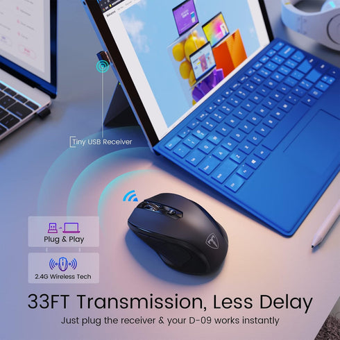 Wireless Mouse, D-09 USB Cordless Mice for Laptop, Ergo Grips, 5-Level 2400 DPI, 16 Months Battery, Portable for PC, Mac