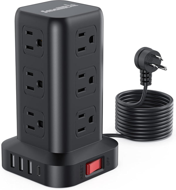 Surge Protector Power Strip Tower, 10FT Extension Cord with 12 AC and 4 USB Ports, Mini Power Strip for Office