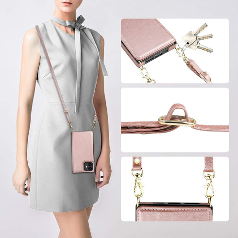 Bocasal Crossbody Wallet Case for iPhone 11, 6.1 inch, Rose Gold, PU Leather, Credit Card Holder, Shockproof,