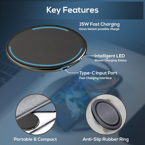 15 Watts Apple Wireless Charging Pad – Ultra-Slim, Fast Charging Qi Wireless Charger Pad for iPhone 15/15 Pro Max/15
