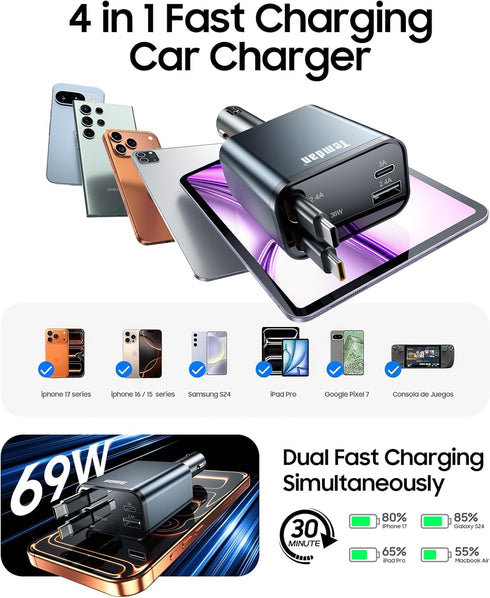 Temdan 69W 4 1 17 Retractable Car Charger, in Fast Charger USB C Car Truck Accessories for Men Women, Car Accessories