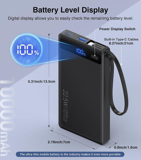 TEMINICE 2 10000mAh, 22.5W Pack, 17 16 15 etc(1 Power Bank with Built-in Cables PD Slim Portable Charger USB C Battery