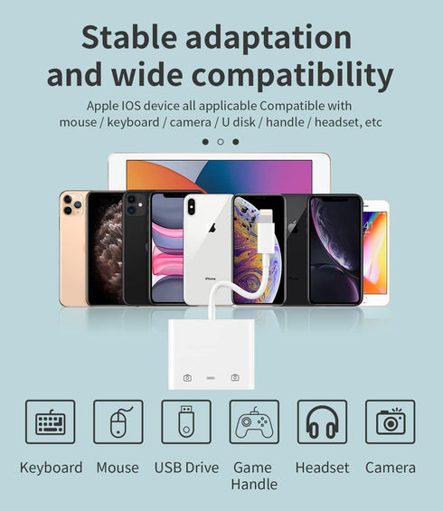 iPhone OTG Adapter Lightning Male to Dual USB Female Charger Cable Dongle for Apple 14 13 12 11 Pro Max 8 7