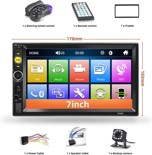 Double Din Bluetooth Car Stereo, 7 inch HD Touch Screen Car Radio with Backup Camera, Support Mirror Link for