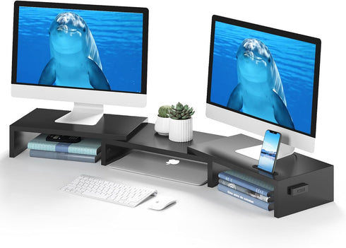 BONTEC Dual Monitor Stand Riser with Smartphone Holder, Adjustable Length & Swivel