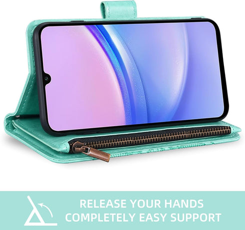 Asuwish Phone Case for Samsung Galaxy A15 5G, Wallet Cover with Tempered Glass Screen Protector, Green