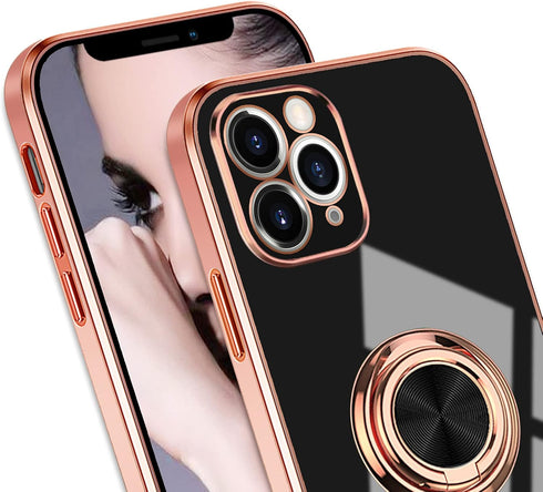 Omorro iPhone 13 Pro Max Case, Rose Gold Kickstand Ring Holder, 360 Rotation Glitter Plating Edge, Slim TPU Case