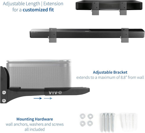 VIVO Steel Universal Dual Soundbar Wall Mount L Brackets, Adjustable Extending Speaker Arm Holders, Black