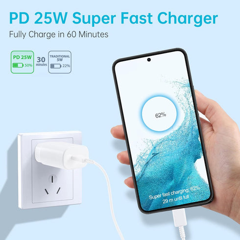 Super Fast Charger, 25W USB Type C Charger Android Phone Charger Fast Charging Block with 8FT Cable for Samsung Galaxy S24 Ultra/S24+/S24/S23 Ultra/S23/S22 Ultra/S22/S22+/S21/S20 /Note10 20-White