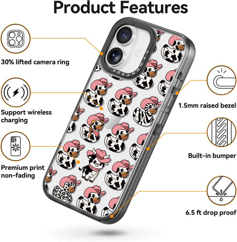Rosarnnah 17 6.6 (6.3") for iPhone Case Cute - Durable Shockproof ft Drop Impact Phone Case - Funny Milk Cow Ducky