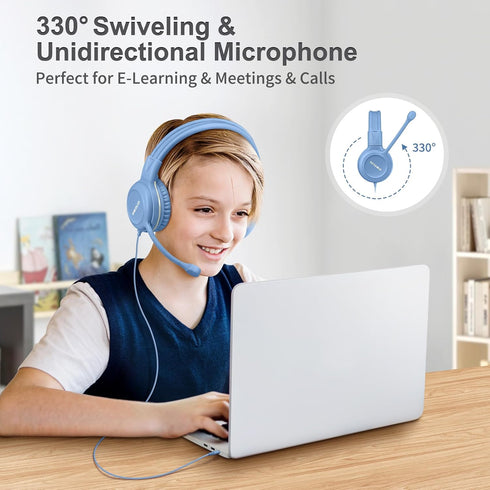 SIMOLIO Kids Headphones Wired with Microphone for Virtual School & Gaming, Safe Volume Cord Headphone with Flexible Rotatable Mic for Boys, Teens, Children, Lightweight Folding Headset for PC, Xbox