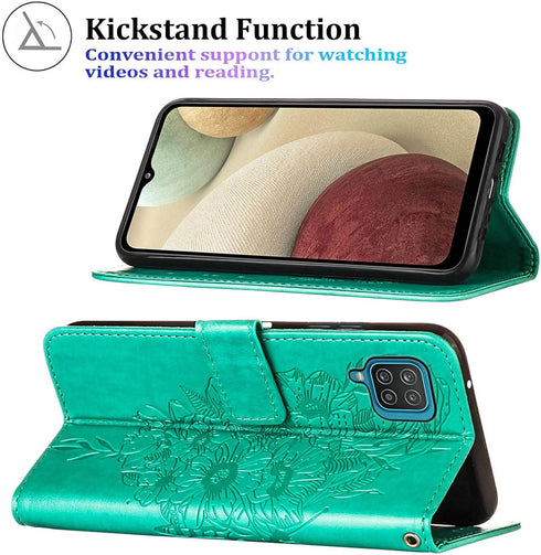 Flip Cover Phone Case Wallet for Samsung Galaxy A12, Butterfly Floral Embossed, Wrist Strap, Card Holder, Green