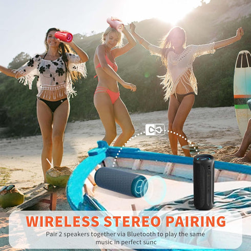 Portable Wireless Bluetooth Speaker, IPX7 Waterproof, 25W Loud Stereo Sound, Built-in Mic, 16H Playtime with Lights