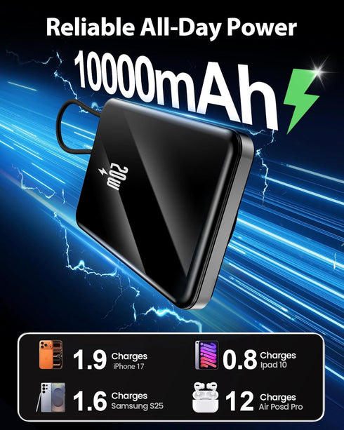 golioklsy 10000mAh 20W Pack 17/16/15/14 Portable Charger Power Bank, Phone Charger with Built-in Cable, PD Fast