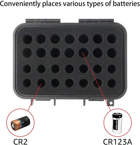 CR2 CR123A Lithium Battery Organizer Case, 28 Slots, Waterproof Hard Case for CR17345/CR16340/CR18350, Explosionproof