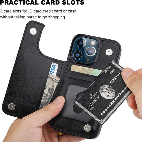 iPhone 13 Pro Wallet Case, Black PU Leather with Card Holder, Kickstand, Durable Shockproof Cover 6.1 Inch
