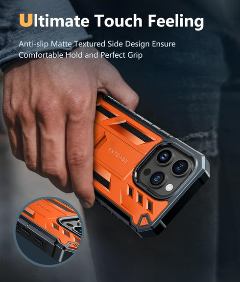 FNTCASE Military Grade Drop Proof Rugged Protective Case for iPhone 15 Pro with Kickstand & Built-in Protector (Orange)