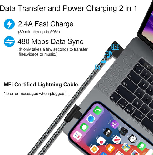 MFi Certified 1Ft iPhone Charger - Braided 90° Lightning Cable for iPhone 14, 13, 12, 11, Pro, X, XS, XR, 8, 7, 6, 5