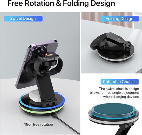 Foldable 3 in 1 Charging Station for iPhone, Magnetic Charger Stand for iPhone 15 14 13 12 11 X Pro Max, Watch, AirPods