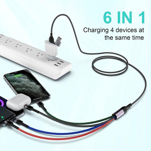6 in 1 Multi Universal 1.8M/6Ft Phone Charging Cable, USB A/Type C to Lightning*2+Type C+Micro USB for Android/iPhone