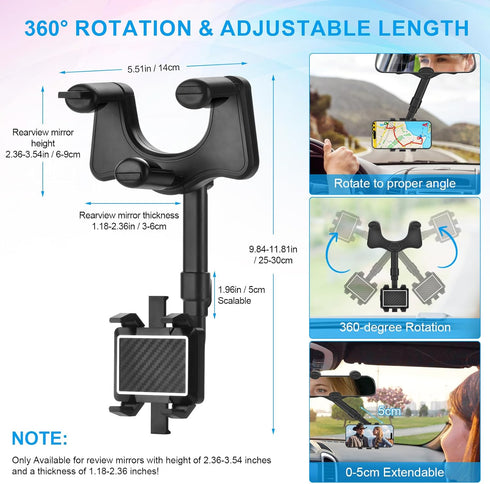 Multifunctional 360 Car Rearview Mirror Phone Holder - Satismoon Rear View Mirror Mount (1 Pack)