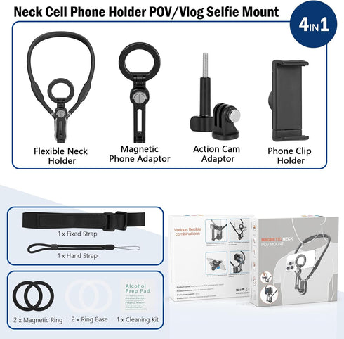 Magnetic Neck Phone Holder, 4 in 1 Neck Mount for Phones, Action Camera, Hand Free Cell Phone Neck Holder for Recording