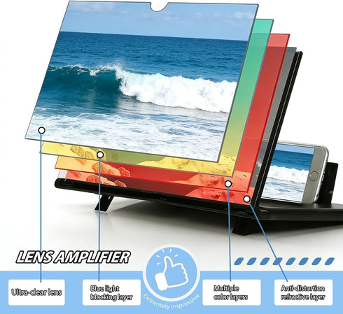 KUVPIUS 3D Phone Screen Magnifier, HD Screen Amplifier Fresnel Lens Eye Protection, Foldable Pull-Out Screen for Movies