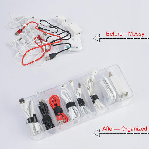 Acrylic Electronics Organizer - 8 Sections Clear Cable Storage Bin Box with 20 PCS 6 Inch Reusable Cable Tie Straps