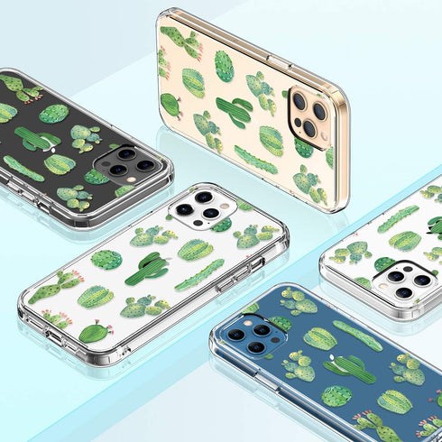 GiiKa iPhone 12 Pro Max Case with Screen Protector, Clear Full Body Shockproof Protective Floral Hard Case, Green Cactus