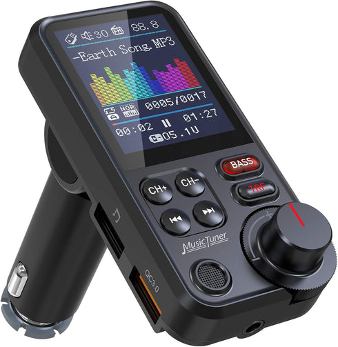 Nulaxy FM Bluetooth Transmitter for Car, Strong Microphone Adapter with 1.8" Color Screen, Supports QC3.0 Charging