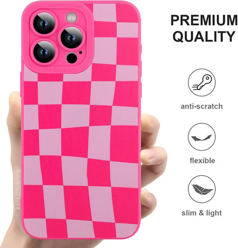 ZIYE Hot Pink Grids Plaid Checkerboard Case for iPhone 14 Pro, Soft TPU Silicone Rubber Protective Cover