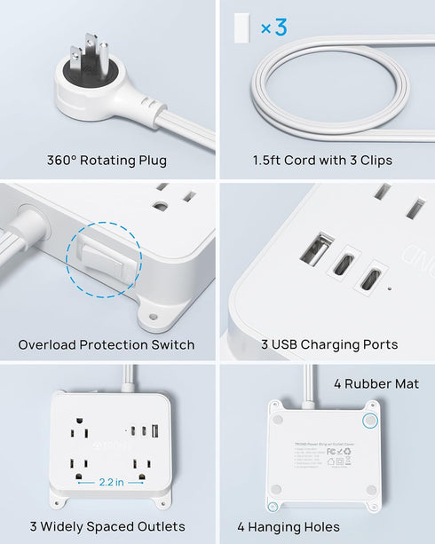 TROND 360 1.5FT 3 2 Rotating Plug Outlet Extender, Short Extension Cord, AC Electrical Extendable Outlet with USB C